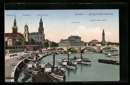 AK Dresden, Dampfschifflandeplatz, Panorama mit Schlossturm, Ständehaus, Kath. Hofkirche, Kgl. Hofoper und Brücke