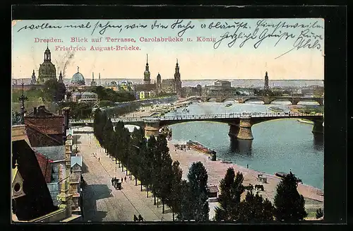 AK Dresden, Blick auf Terrasse, Carolabrücke und König Friedrich August-Brücke