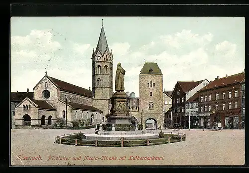AK Eisenach, Nicolaitor und Nicolai-Kirche mit Lutherdenkmal
