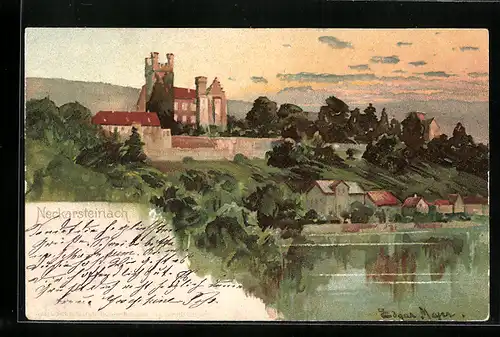 Lithographie Neckarsteinach, Panorama vom Wasser aus gesehen