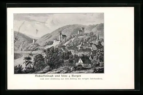 AK Neckarsteinach, Ortsansicht mit den vier Burgen