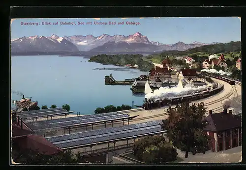 AK Starnberg, Blick auf Bahnhof, See mit Undosa Bad und Gebirge