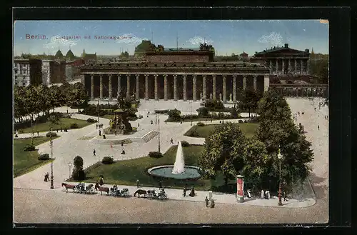AK Berlin, Lustgarten mit Nationalgalerie, Litfasssäule, Kutschen