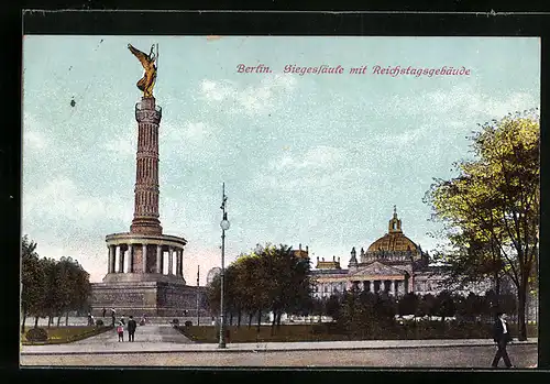 AK Berlin-Tiergarten, Siegessäule mit Reichstagsgebäude