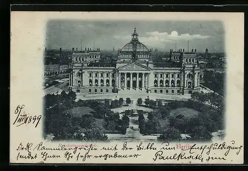 Mondschein-AK Berlin-Tiergarten, Reichstagsgebäude aus der Vogelschau