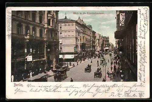 AK Berlin, Friedrichstrasse mit Ecke Jägerstrasse und Geschäften