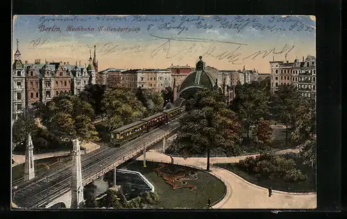 AK Berlin-Schöneberg, Hochbahn am Nollendorfplatz, U-Bahn verlässt den Bahnhof