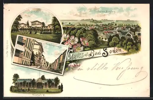 Lithographie Bad Soden, Königsteinerstrasse, Curhaus, Trinkhalle III., Panoramaansicht