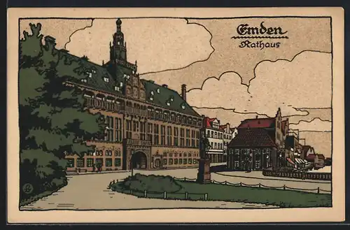 Steindruck-AK Emden, Rathaus