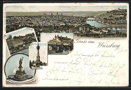Vorläufer-Lithographie Würzburg, 1895, Käpple, Festung, Luitpold-Brunnen
