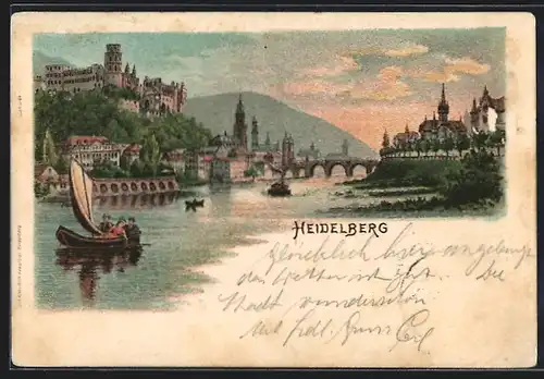 Lithographie Heidelberg, Flusspartie mit Ortsansicht