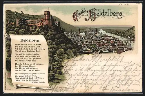 Lithographie Heidelberg, Totalansicht der Stadt