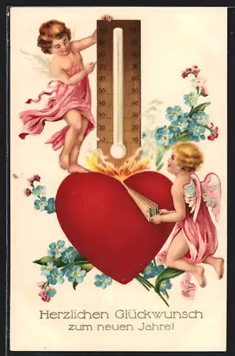 Präge-AK Zwei Neujahrsengel an Herz mit Thermometer, Neujahrsgruss, Meteorologie