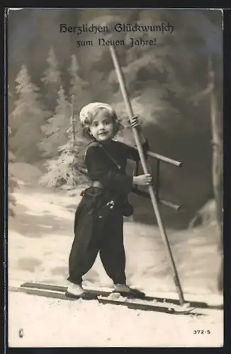 AK Kleiner Schornsteinfeger mit Leiter auf Skiern, Neujahrsgruss