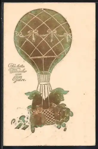 Präge-AK Zwei Schweine fahren im Ballon, Neujahrsgruss