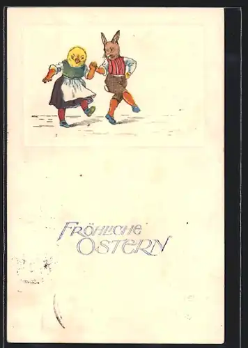 Präge-AK Osterhase und Osterküken tanzen, Ostergruss