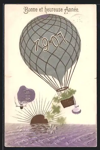 Präge-Airbrush-AK Ballons mit Jahreszahlen, 1906-1907, Neujahrsgruss