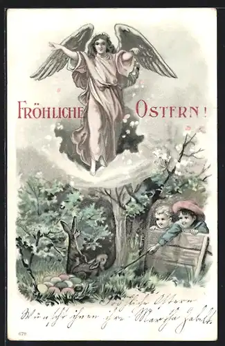 AK Osterengel wacht über Kinder und Osterhasen