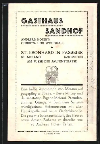 Künstler-AK St. Leonhard in Passeier bei Merano, Gasthaus Sandhof, Andreas Hofer`s Geburts- und Wohnhaus