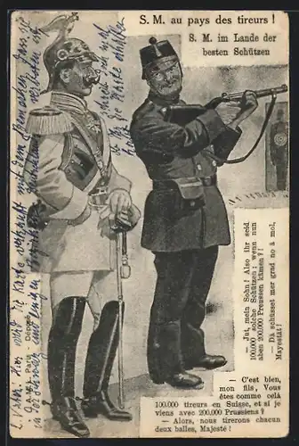 Künstler-AK Kaiser Wilhelm II. mit schweizer Soldat auf Schiessstand, S. M. au pays des tireurs