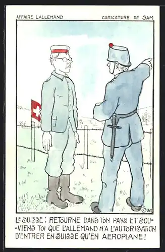 AK Deutscher Soldat an der schweizer Grenze, Karikatur