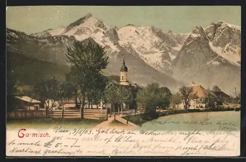 AK Garmisch, Ortsansicht mit Kirche und Hochgebirge