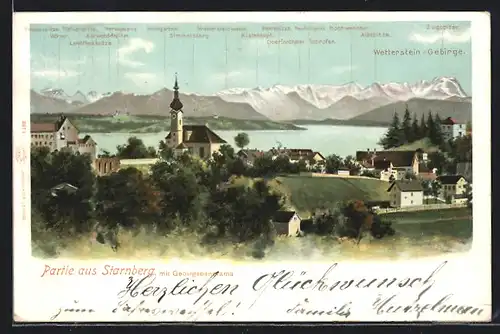AK Starnberg, Ortspartie mit Gebirgspanorama