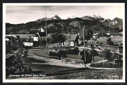 AK Schwangau bei Füssen, Totale mit Schwimmbad und Kirche