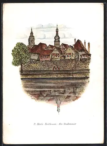 Künstler-AK Heilbronn am Neckar, Alte Stadtmauer mit Blick auf die Kirche