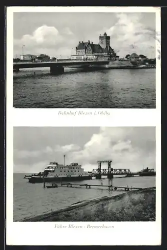 AK Blexen i. Oldbg., Blick zum Bahnhof, auslaufende Fähre