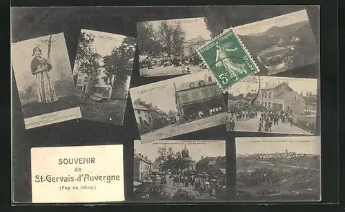 AK St-Gervais-d'Auvergne, Ortspartien und Strassenansichten der Ortschaften, Dame in Tracht