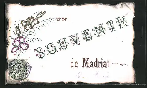 AK Madriat, Blumenverzierter Schriftzug Souvenir de Madriat mit Glitzer