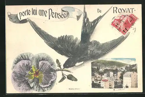 AK Royat, Vue Générale, Grusskarte mit Schwalbe und Blume