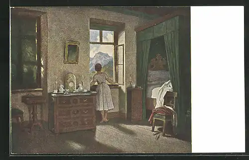 Künstler-AK Moritz von Schwind: Morgenstunde, Frau am Fenster