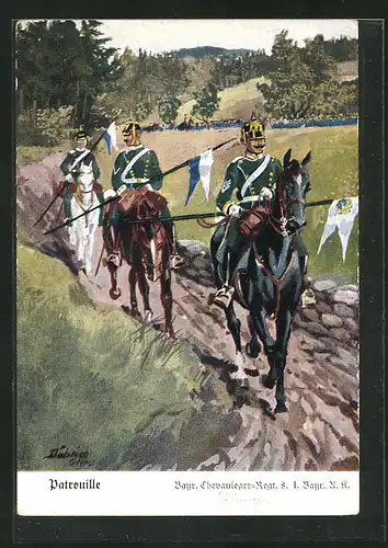 Künstler-AK Döbrich-Steglitz: Soldaten des Chevauleger-Regt. 8 I. Bayr. A. K. auf Patrouille