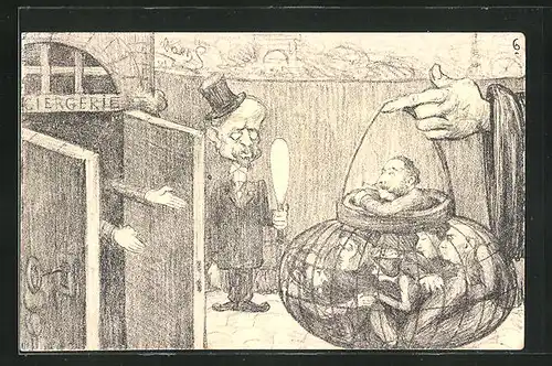 Künstler-AK Charles Denizard (Orens): Männer in einem tragbaren Käfig, Karikatur