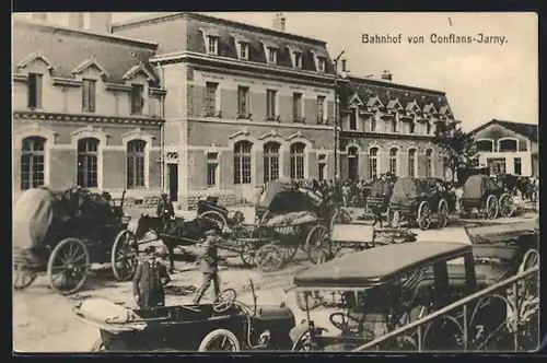 AK Conflans-Jarny, Pferdewagen vor dem Bahnhof, La Gare