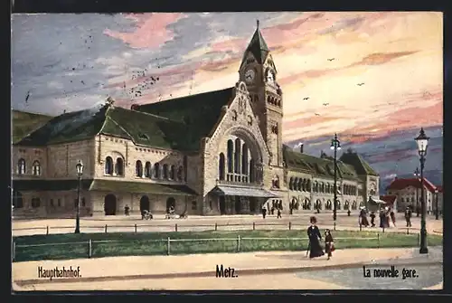 Künstler-AK Metz, La nouvelle Gare, Bahnhof
