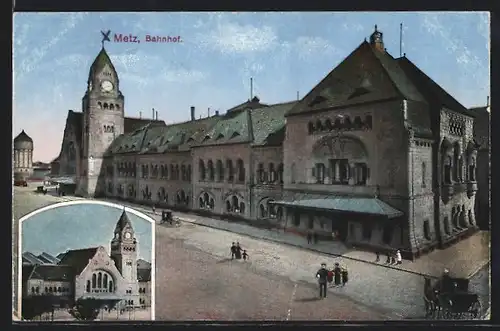 AK Metz, Passanten vor dem Bahnhofsgebäude