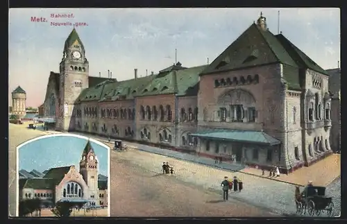 AK Metz, Passanten vor dem Bahnhofsgebäude