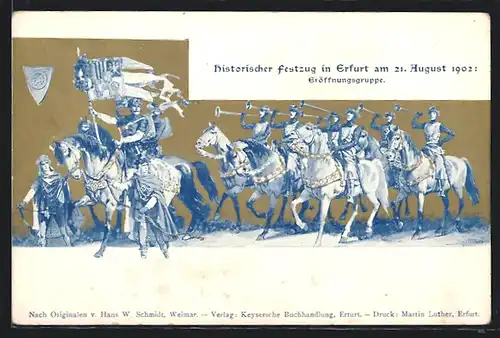 Lithographie Erfurt, Historischer Festzug am 21. August 1902, Eröffnungsgruppe