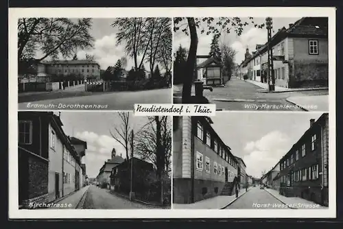 AK Neudietendorf i. Thür., Erdmuth-Dorotheenhaus, Willy-Marschler-Strasse, Kirchstrasse, Strasse