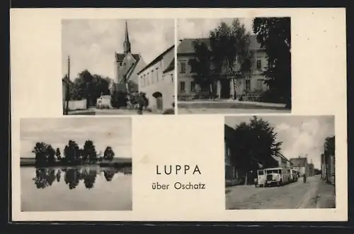 AK Luppa / Oschatz, Kirche, Gebäude, See, Bus