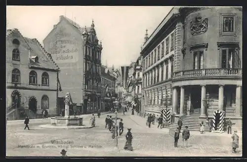 AK Wiesbaden, Marktplatz mit Brunnen, Königl. Schloss und Marktstrasse