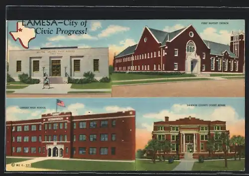 AK Lamesa, TX, Post Office, First Baptist Church, High School