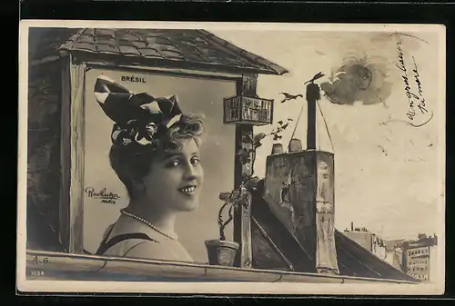 Foto-AK Atelier Reutlinger, Paris: Brésil, Frau mit Hut an einem Fenster stehend