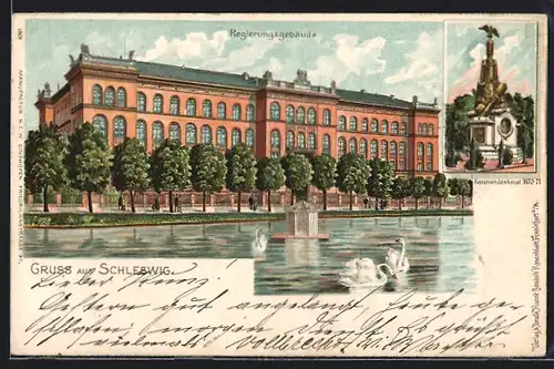 Lithographie Schleswig, Regierungsgebäude, Kanonendenkmal 1870-71