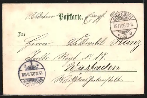 Lithographie Schleswig, Regierungsgebäude, Kanonendenkmal 1870-71