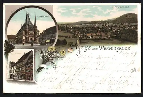 Lithographie Wernigerode, Teilansicht, Rathaus, Altes Haus
