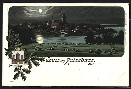 Lithographie Ratzeburg, Stadtansicht bei Vollmond